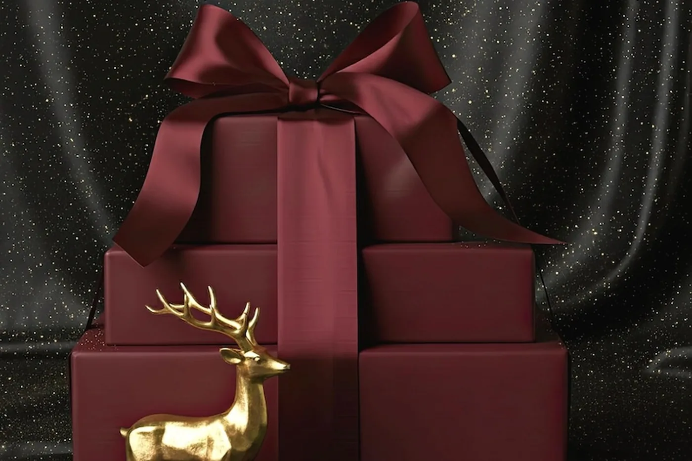 A wrapped gift box with a rose-gold ribbon